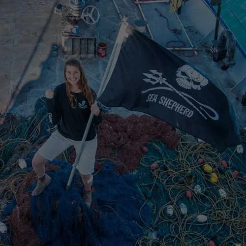 Voluntária segurando uma bandeira da Sea Shepherd