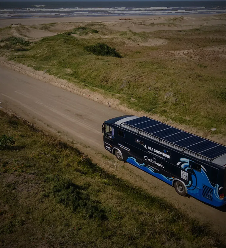 Ônibus educativo da Sea Shepherd em uma estrada litorânea