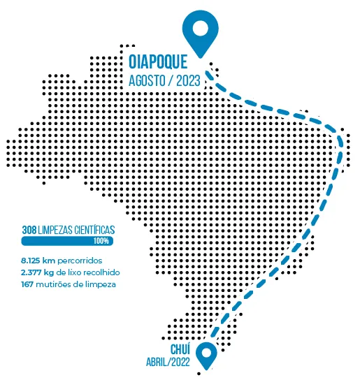 Mapa da rota da expedição pela costa brasileira, de Chuí (abril de 2022) a Oiapoque (agosto de 2023)